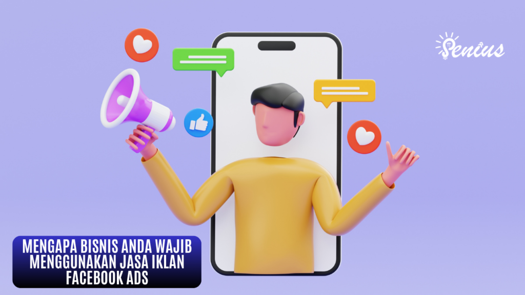 Ilustrasi orang memegang megafon dan chat di depan layar HP untuk Jasa Iklan Facebook Ads Murah Tertarget