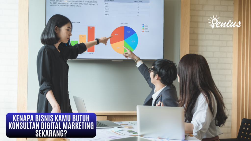 Tim konsultan digital marketing Senius Creative sedang presentasi strategi dan data analitik ke klien untuk meningkatkan omzet bisnis