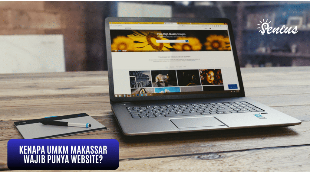 Mockup laptop menampilkan desain website modern untuk jasa pembuatan website Makassar oleh Senius Creative