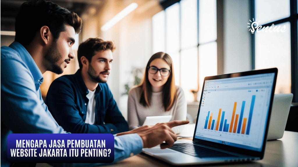 Tim profesional diskusi strategi bisnis sambil melihat grafik untuk Jasa Pembuatan Website Jakarta