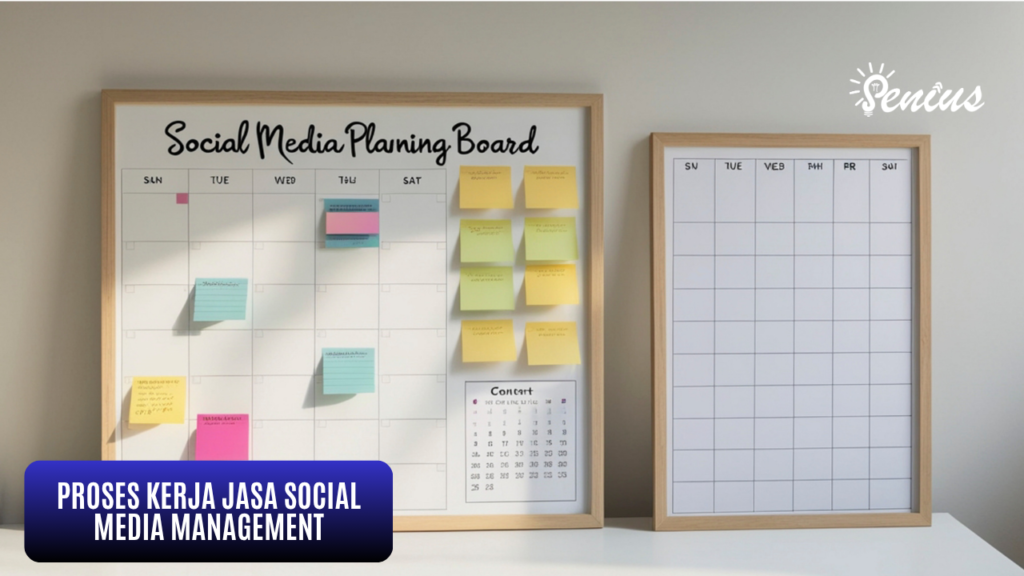 Contoh social media planning board untuk jasa social media management dengan sticky notes dan kalender konten