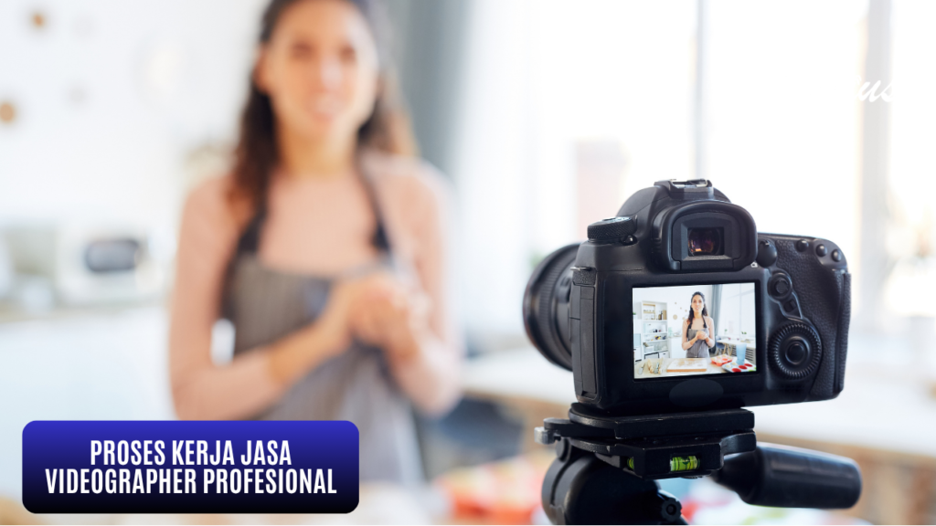 Ilustrasi proses kerja jasa videographer profesional dengan kamera DSLR dan talent di latar belakang