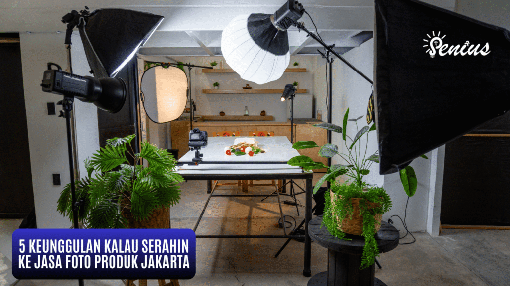 Studio foto produk profesional dengan lighting softbox, meja, dan dekorasi tanaman untuk jasa foto produk Jakarta
