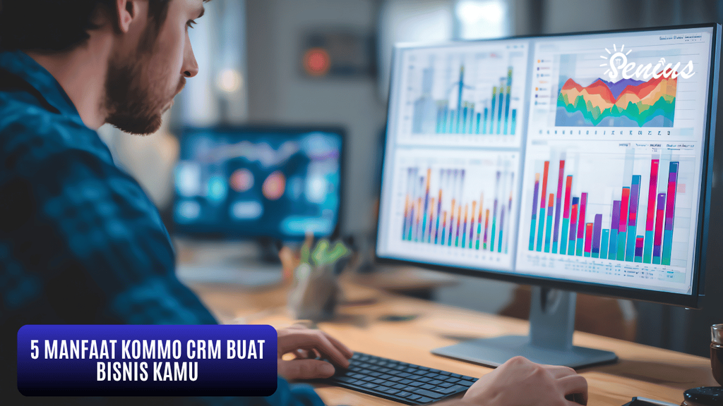 Dashboard Kommo CRM menampilkan laporan grafik penjualan, prospek, dan performa tim bisnis