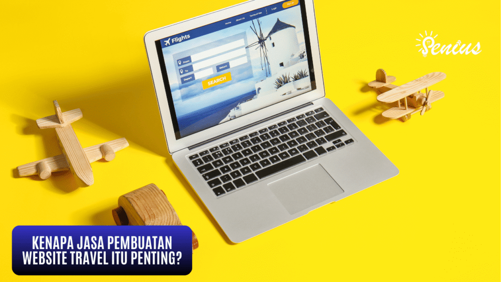 Ilustrasi jasa pembuatan website travel dengan mockup website tour dan ikon pesawat di background kuning