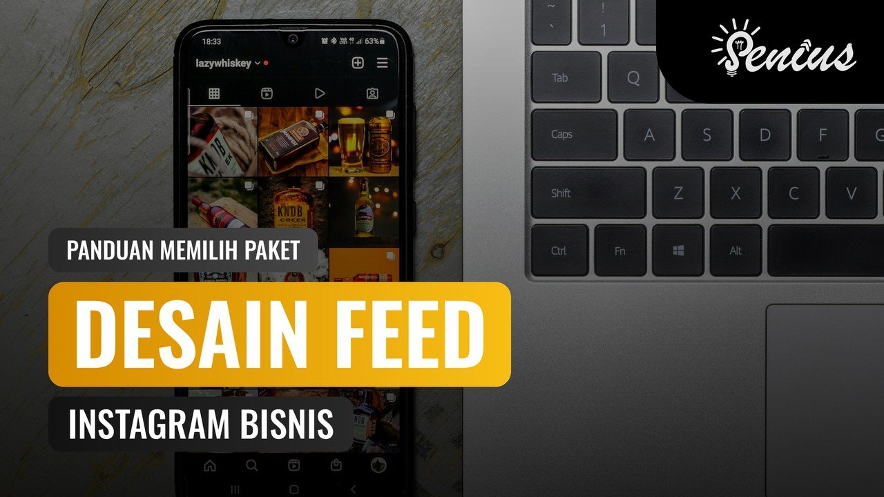 Jasa desain feed Instagram: grid profil bisnis di layar ponsel di samping laptop